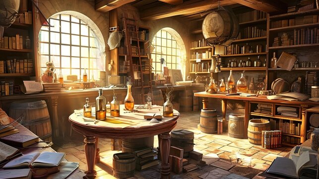 Cozy Sunlit Rustic Workshop Library Brimming with Bottles, Books, and Tools