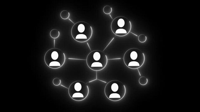 White animated social network icon. Network of connected people with peripheral circle nodes, ideal for illustrating social networks, teamwork, connectivity, relationships, communication, technology.