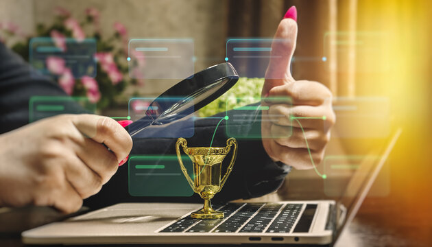 Successful business strategy and project approval concept. Thumbs up gesture, magnifying glass, and winner trophy with digital network diagram.