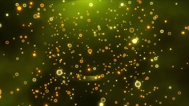 暗闇のグリーン空間を浮遊し移動する発光粒子と量子ドットの抽象背景