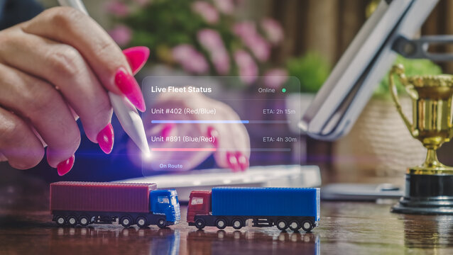 Smart logistics and live fleet tracking concept. Businesswoman managing cargo transport with futuristic digital interface and toy trucks.