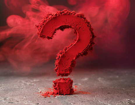 A close-up shot shows a large red question mark made of powder on a textured surface, with red smoke billowing in the background.