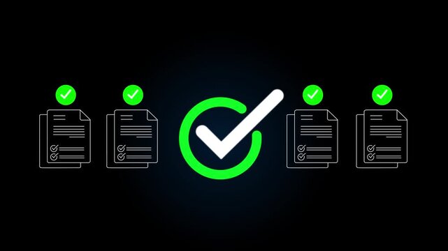 Digital checklist and approval workflow showing business document validation and task tracking system for decision making, process optimization, Motion graphics of check mark concept