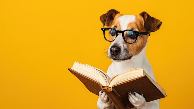 Curious Dog Wearing Glasses Reading an Open Book Against a Bright Yellow Background
