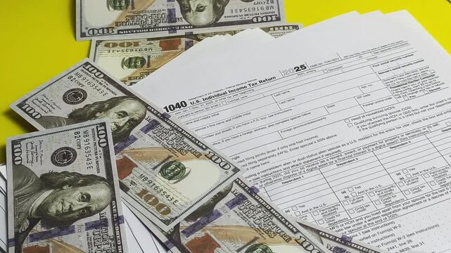 Cash scattered across a Form 1040 tax document, representing income, taxation, financial obligations, and personal finance. Slow Motion 