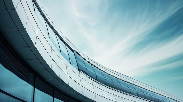 Curved Glass Facade of a Modern Building Reflecting a Bright Sky