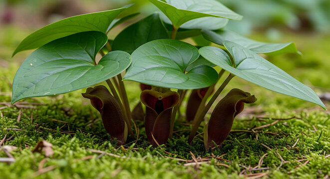 moss covered forest floor with a carpet of wild ginger flowers