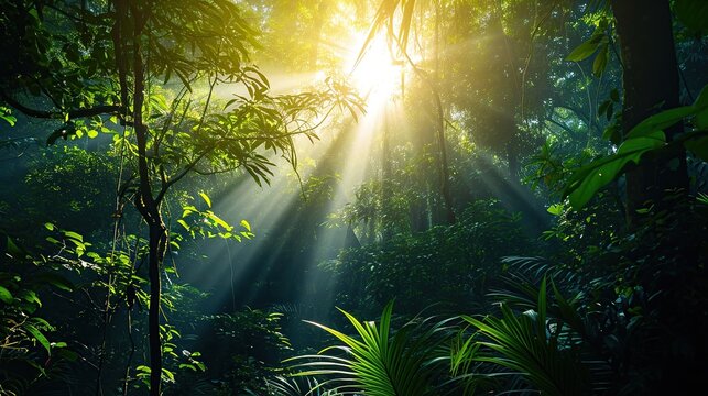 Dappled sunlight filtering through a lush verdant rainforest canopy, bathing the scene