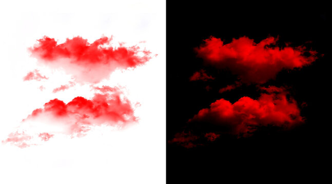 Vibrant red clouds illustration set, dramatic crimson smoke textures on black and white backgrounds, surreal scarlet vapor design elements