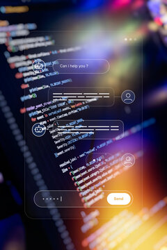 Smart bot conversation and prompt input field. Mobile application UX design overlay on complex developer software code.