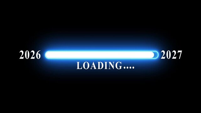 New year 2027 loading bar animation Year changing from 2026 to 2027. Loading bar from 2026 to 2027 new year transfer animation. Almost reaching New Year on black background.