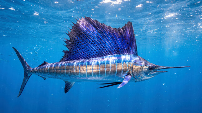 A majestic sailfish swimming through the clear blue water of the tropical ocean with its dorsal fin raised