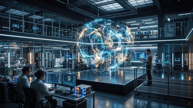 Modern high tech research laboratory with glowing holographic sphere and scientists working futuristic technology science lab data visualization innovation center advanced research