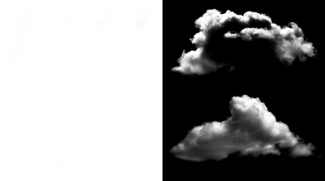 Realistic white clouds isolated on black background, fluffy cumulus cloud set for photo compositing, atmospheric weather elements