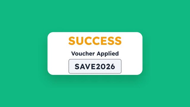 Vibrant animation of a 'SUCCESS Voucher Applied' notification with 'SAVE2026' coupon code on a clean green background, representing successful online shopping, discount redemption