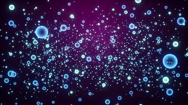 深遠なマゼンタ空間を浮遊し前進する発光粒子と量子ドットの抽象背景