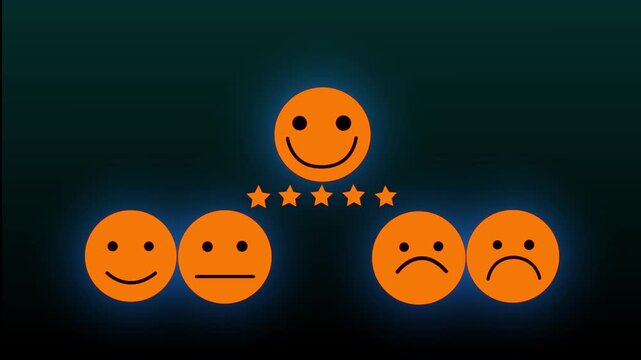 customer services best excellent business rating experience. Satisfaction survey concept. Hand of a businessman chooses a smile face on wood block circle. 5 Star Satisfaction.4k motion video.