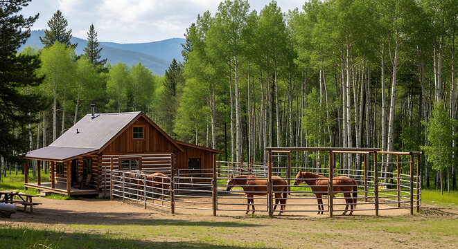 wooden cabin in forest with horse corral and horses
