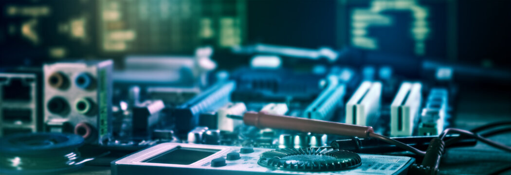 Panoramic web banner of computer hardware repair. Motherboard, multimeter, and blurred glowing data screens in a high-tech lab.