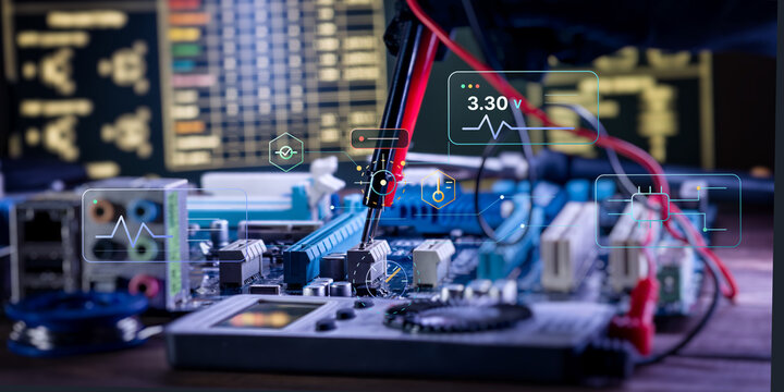 Augmented reality IT repair concept. Circuit board diagnostic with digital UI interface, data visualization, and testing equipment.