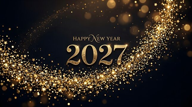 Happy New Year 2027 greeting with gold glitter and black background