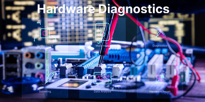 Data analysis and PC maintenance. Macro view of soldering probe on microchip with futuristic infographic layout.