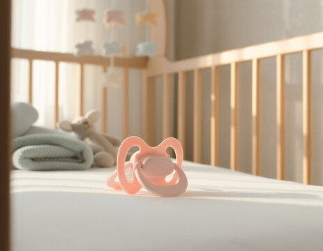 A pink baby pacifier rests on a white sheet inside a nursery crib. Soft morning sun illuminates the newborn bedroom decor, creating a calm lifestyle mood and peaceful atmosphere for a toddler's nap, c