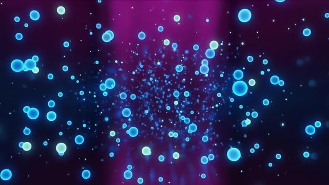 深遠なマゼンタ空間を浮遊し前進する発光粒子と量子ドットの抽象背景