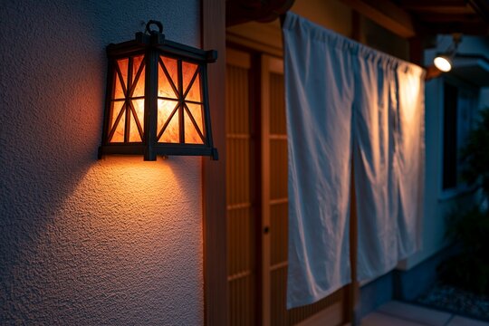 夜の日本を彩る和風提灯と白い暖簾が魅力的な店舗の入り口