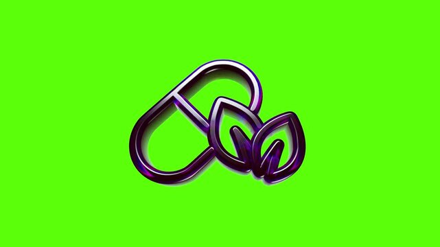 Purple outline icon of a medicine pill with green leaves representing natural organic herbal supplement