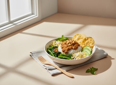 Fresh Healthy Nasi Pecel Indonesian Rice Bowl with Peanut Sauce and Steamed Vegetables in Natural Sunlight