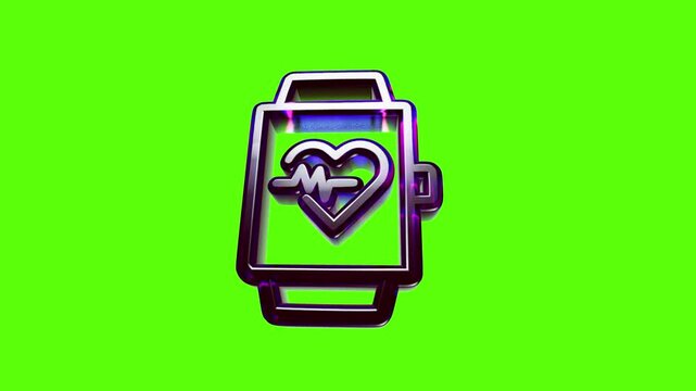 Purple smart watch icon with a heart rate pulse symbol on a bright green digital screen display