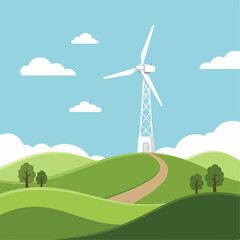 Fototapeta premium Scenic Windmill on Green Hillside with Renewable Energy Concept Vector