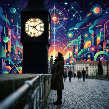 Dreamlike Nighttime Cityscape with Surreal Neon Sky and Clock Tower Overlooking the River