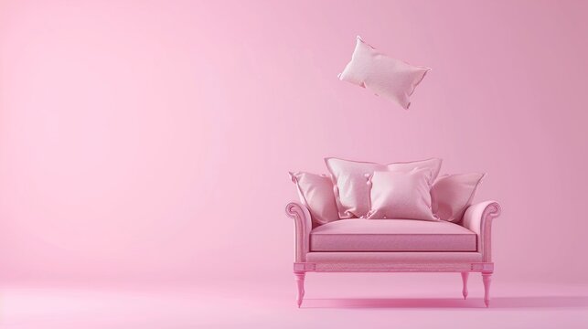 Dreamy pastel pink minimalist living space featuring a single pale pink loveseat under ambient lighting