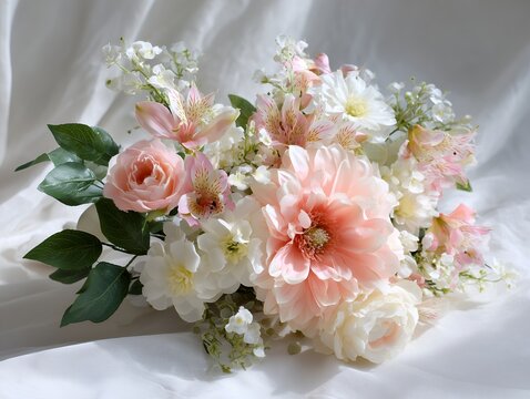 ピンクと白の造花ブーケが華やかに飾られた美しい花束
