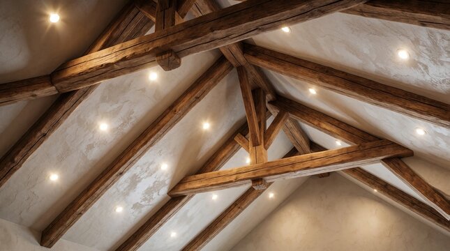 Exposed wooden beams create rustic charm on a modern ceiling. Textured plaster walls and recessed spotlights add warm ambient light. Open interior design offers comfortable living space.