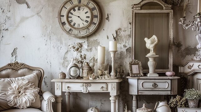 Dusty Timeworn Vintage Living Room Mantelpiece with Antique Decor and Clock