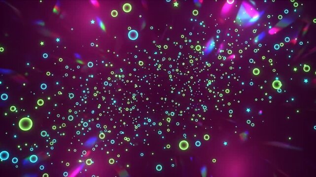 マゼンタ空間に降り注ぐ反射光と浮遊するネオン粒子の抽象CG背景