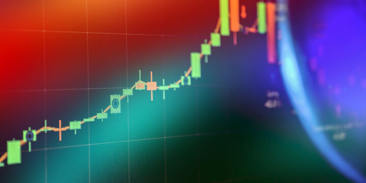 bullish financial stock market chart with glowing green candlesticks on digital screen.