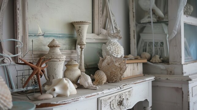 Dusty White Coastal Still Life Display with Seashells, Starfish, and Antiques