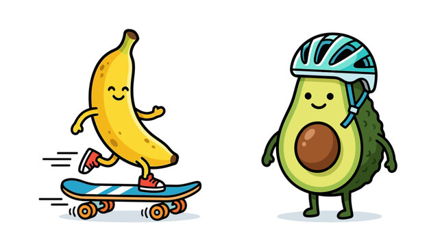 A playful cartoon banana on a skateboard with a helmeted avocado friend.