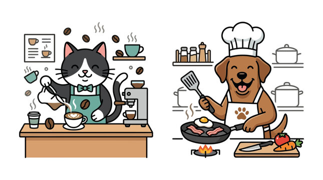 Cute cartoon cat barista making coffee and happy dog chef cooking breakfast