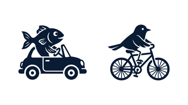 Whimsical illustration of anthropomorphic fish driving a car and bird riding a bicycle.