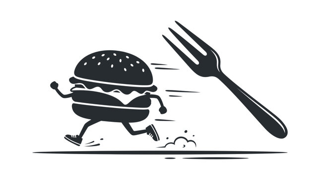 A humorous cartoon illustration of a running burger escaping from a fork.