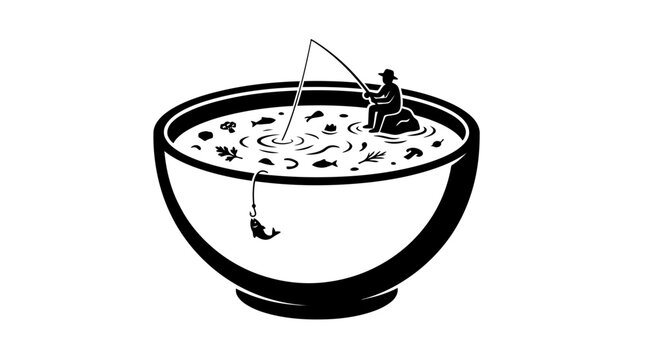 A person fishing for a fish in a bowl of soup.