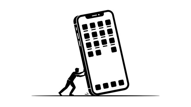 Man pushes a giant smartphone, symbolizing modern technology addiction and digital burden.