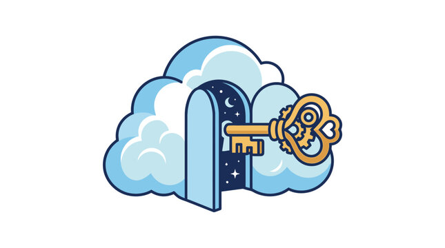 Golden key opens a portal in the clouds to a starry night sky.