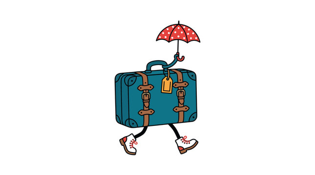 Anthropomorphic suitcase with umbrella walking