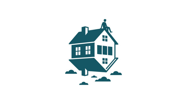 Man sits on an upside down house, symbolizing financial crisis and housing instability.